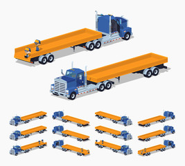 Wall Mural - Blue heavy truck and trailer with the yellow open platform. 3D lowpoly isometric vector illustration. The set of objects isolated against the white background and shown from different sides