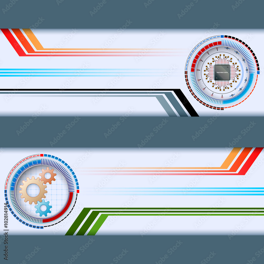 Abstract graphic, design web banner; Header layout template; Set of banners  with generic, electronic chip and colorful gears inside graded devices;  Space for text Stock Vector | Adobe Stock, image size:1000x1000