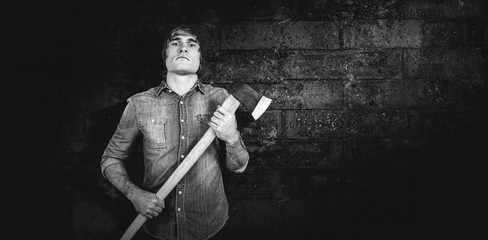 Aufkleber - Composite image of front view of hipster standing with axe