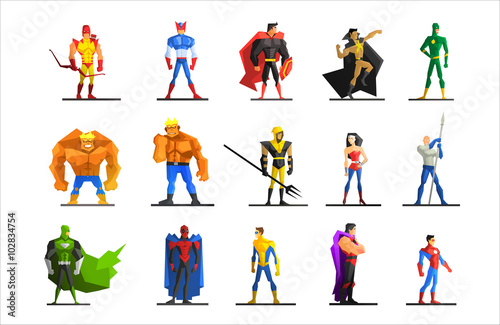 Fotografía Superheroes in Different Poses and Costumes Vector Set