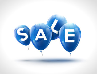 Sticker - Flying balloons, concept of SALE for shops. Four Blue flying party balloons with text SALE. Sale discount concept vector illustration