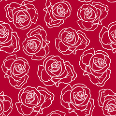 Sticker - Contour roses flowers pattern seamless on red background