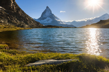 Wall Mural - View of Matterhorn Mountain with lake at Zermatt