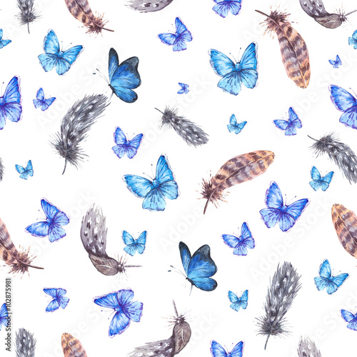 Materiał do szycia Akwarela bezszwowe tło z piór i niebieski butterflie