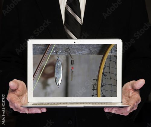 Virtual Getaway Man In Business Suit Holding Notebook Computer