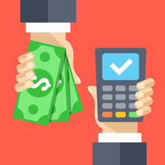 Poster - Cash and POS terminal. Purchase, cash out, cashback concepts