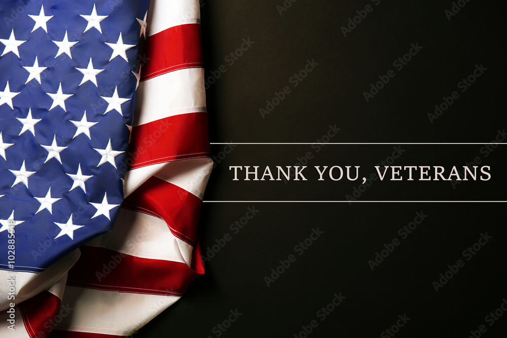 Text Thank A You, Veterans on black background near American flag - obrazy, fototapety, plakaty 