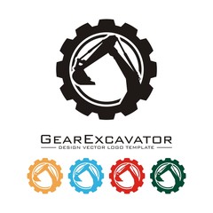 Excavator Design Logo Vector, Circle Gear Excavator Design Vector Logo Template