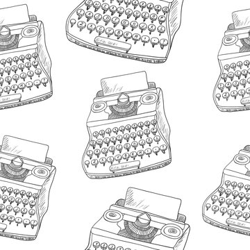 Seamless black and white pattern with vintage typewriters