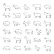 Set of domestic and wild line animals on a white background.
