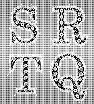 White Lace. Letters S, R, T, Q. Black Background.