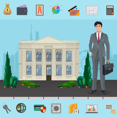 Aufkleber - Bank manager near Bank building with modern cityscape concept. Symbols of Corporate, Business and Finance.