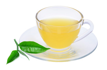 Glass cup of green tea isolated on white background