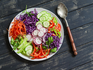 Wall Mural - Raw crunchy colorful Coleslaw with red cabbage, radish, cucumber, sweet peppers, carrots, parsley and sesame seeds. Healthy vegetarian food