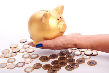 Wall Mural - Woman's hand putting coins  Brazilian money into piggy bank