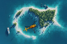 Summer Tropical Island. Small Helicopter Flying Above Private Paradise Tropical Island With Wind Turbines Energy And Bungalows