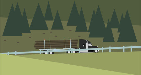 Logging Truck Over Forest Background. Vector illustration