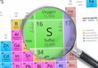 Sulfur - Element of Mendeleev Periodic table magnified with magnifying glass