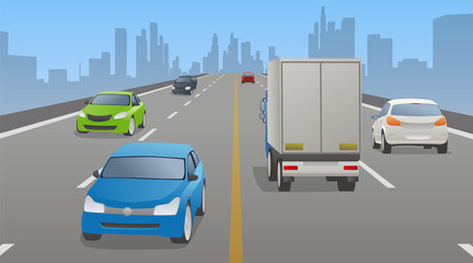 four lanes road and various vehicles, opposite lane, vector illustration