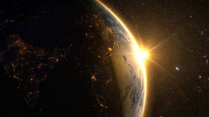 Wall Mural - planet earth with a spectacular sunrise, view on china and india.