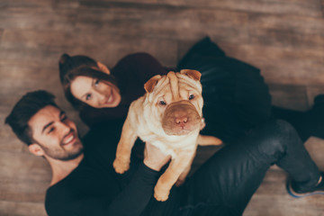 Happy couple holding Shar Pei puppy