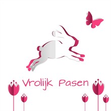 Pasen Groeten Van De Paashaas - Vrolijke Pasen - Zoete Konijntje Hop Snel Weg - Gestanst Met Konijn Vlinder Crocus Tulpen Bloemen - Roze Wit