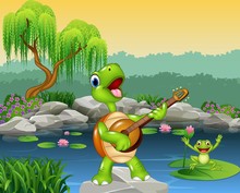 Cute Turtle Playing Guitar On Rock