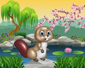 Poster - Cartoon beaver posing on the rock