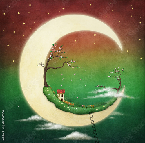 ilustracja-lub-karta-z-ksiezyc-fantasy-i-dom-i-wisniowe-drzewo
