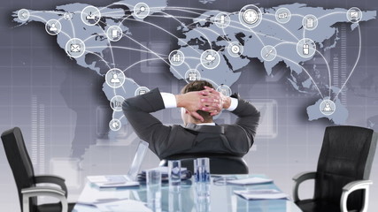 Poster - Rear view of businessman looking at tech interface