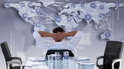 Poster - Rear view of businessman looking at tech interface