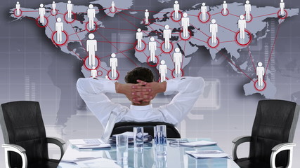 Poster - Rear view of businessman looking at tech interface