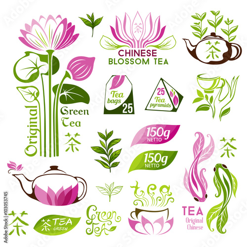 Fototapeta na wymiar Tea logo collection. Chinese blossom and green tea emblems. Tea decorative elements for package design.