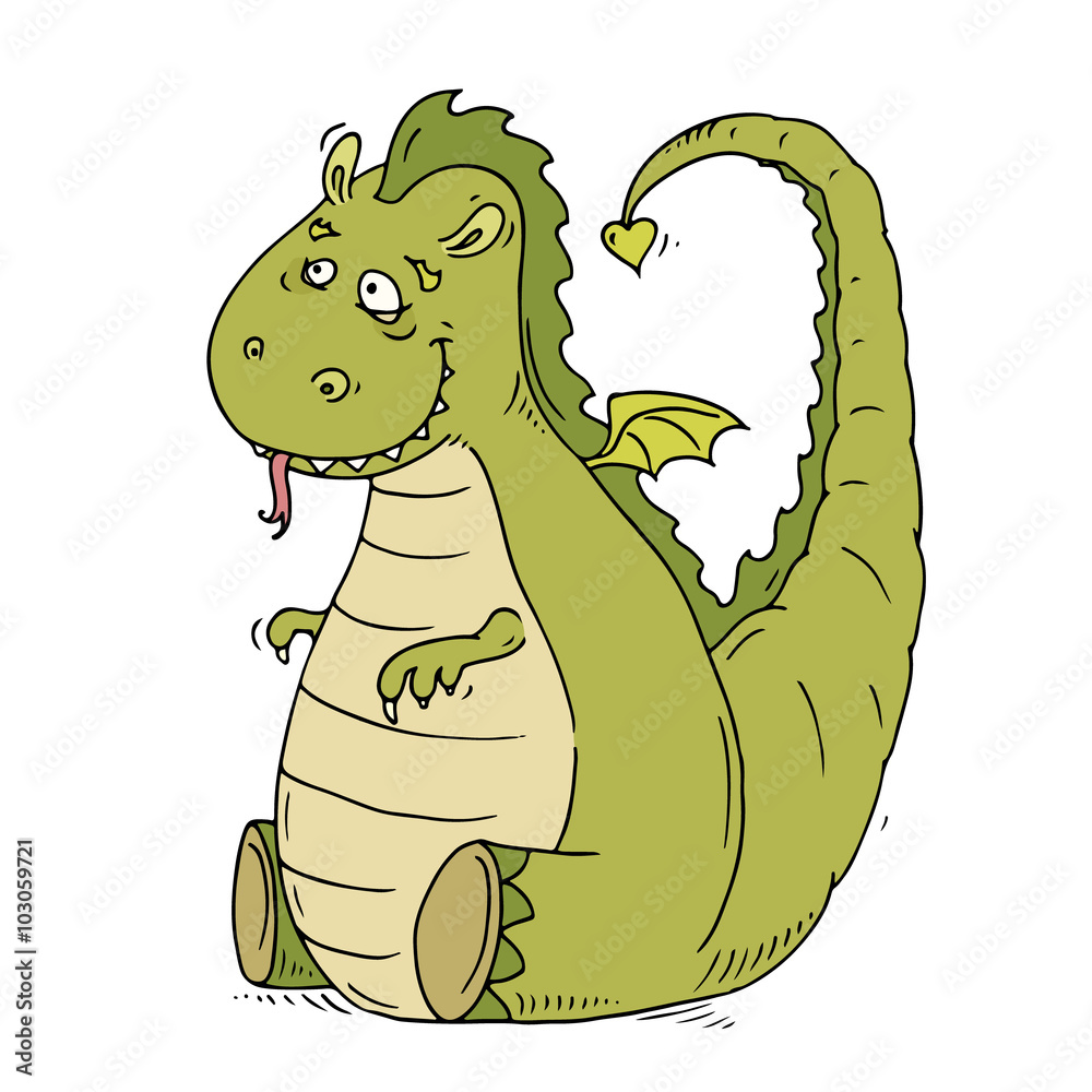 Cute cartoon big kind dragon. Funny doodle fairytale monster sitting and  smiling. Hand drawn character vector illustration isolated on white.  Stock-vektor | Adobe Stock
