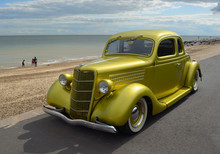  Classic Gold Vintage Car In Rally On Felixstowe Seafront.