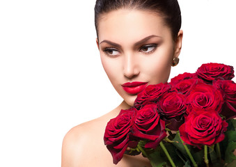 Wall Mural - beauty fashion model woman with big bouquet of red roses
