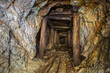 Old abandoned gold ore mine tunnel with wood timbering in Ural