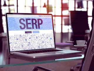 Poster - SERP - Search Engine Result Page - Concept - Closeup on Landing Page of Laptop Screen in Modern Office Workplace. Toned Image with Selective Focus. 3D Render.