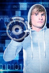Aufkleber - Composite image of man with black gloves staring at camera