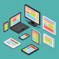 Poster - isometric 3d responsive web design concept with different screens and electronic devices. technology