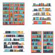 Set of bookshelves and bookcase with books. Vector illustration.