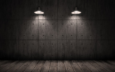 industrial grunge background with lighting ceiling lights, dark room with walls of concrete slabs and wooden floor