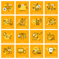 Poster - Thin line web icons of internet marketing and advertising, social network, market research, startup, search analytics, management. Vector illustration concepts for graphic and web design.