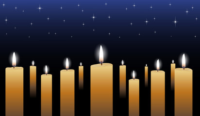 Candlelight Vigil is an illustration of many glowing candles with a midnight blue star filled background.