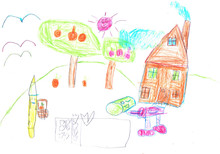 Paint Drawing Of An Imaginary Home, Made By Child