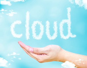 Poster - Cloud word floating on open hand with light blue sky with cloud,