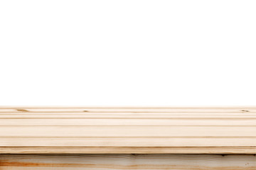Wall Mural - top of empty pine wood table ready for your product display montage. with white background.