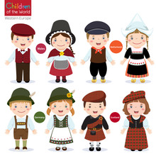 Kids In Different Traditional Costumes (Wales, Netherlands, Germ