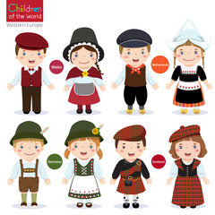 Kids in different traditional costumes (Wales, Netherlands, Germ