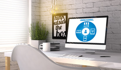 Poster - Stylish workplace with computer with omnichannel concept on the